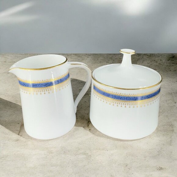 Noritake Blue Dawn Creamer And Sugar Set Gold Rim Blue Accents Vintage Japan VTG - Picture 1 of 16
